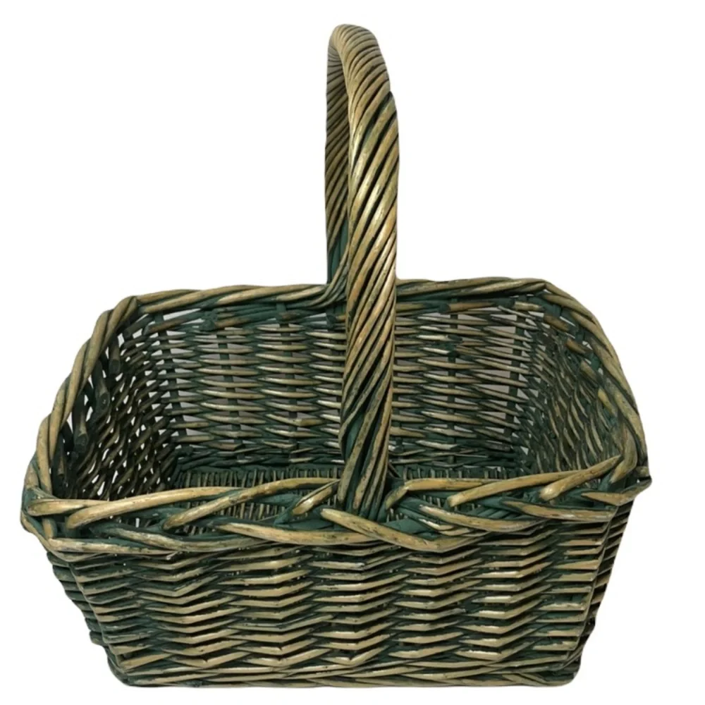 Hand Woven Basket Very Large Sturdy Storage Picnic Basket Rectangle Green